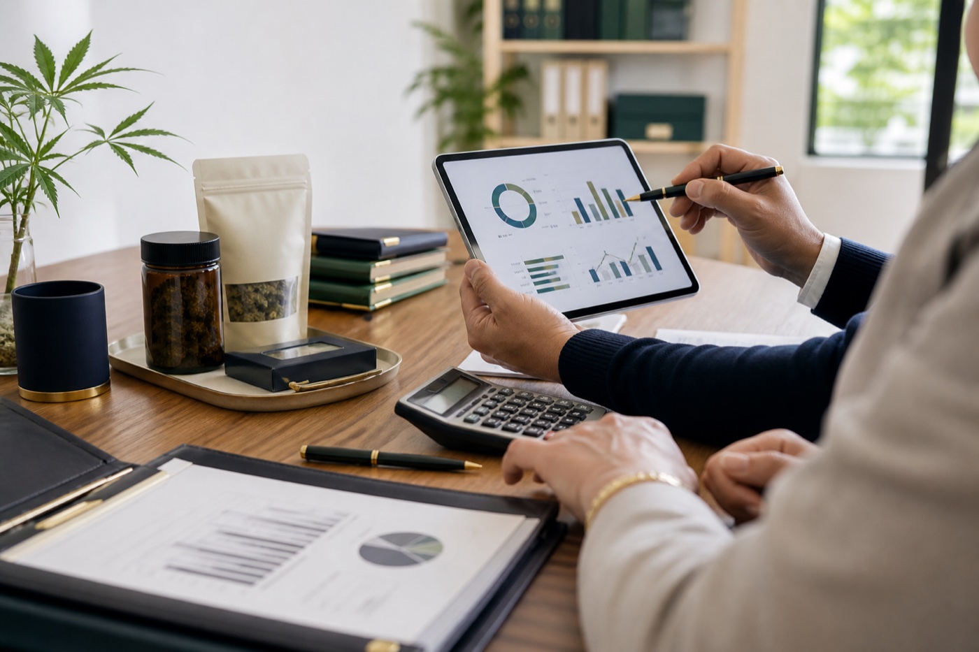 Cannabis operator and financial adviser reviewing inventory records, financial reports, and cash-flow information